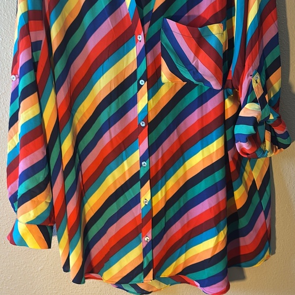 Simply Emma Button Up Blouse 3X Rainbow Striped Roll Tab Sleeve Chest Pocket - Picture 3 of 8